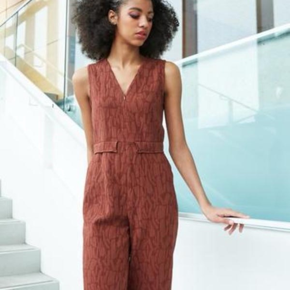 Dagg & Stacey Rust Sleeveless Jumpsuit  Abstract Cotton Linen Zip Front Size M